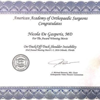 AAOS AWjARD1 - Dr. De Gasperis specialista in Ortopedia e Traumatologia